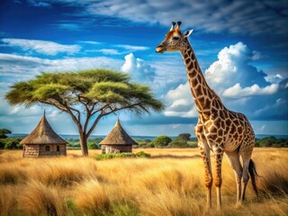 Obraz premium Adorable Giraffe in the Savannah with Stunning Architectural Elements, Vibrant Landscapes, and Natural Beauty - Perfect for Nature Lovers and Wildlife Enthusiasts