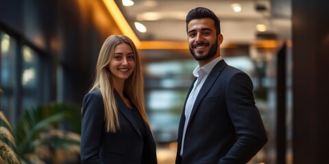 A young professional couple stands confidently in a modern office. They exude a sense of teamwork and ambition. The sleek design highlights their success. Ideal for career-related themes. AI