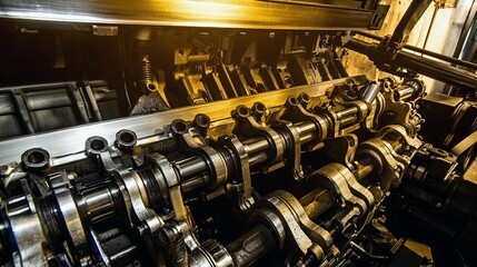 Close-Up of a Complex Mechanical Engine with Visible Moving Parts