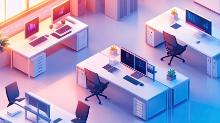 A clean isometric view of modern office space with desks, chairs, and computers, all neatly arranged
