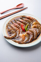 Korean Soy Sauce Shrimp With Bright Gray Background  밝은 회색 배경의 한국식 간장새우