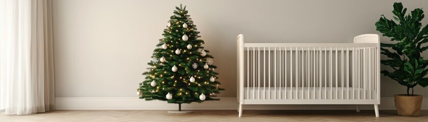 A cozy nursery featuring a decorated Christmas tree and a white crib against a light wall.