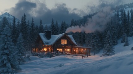 Cozy Cabin Surrounded by Snowy Landscape at Dusk