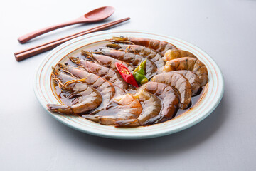 Korean Soy Sauce Shrimp With Bright Gray Background  밝은 회색 배경의 한국식 간장새우