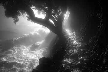 Obraz premium Dramatic Coastal Path with Tree and Ocean Waves in Black and White