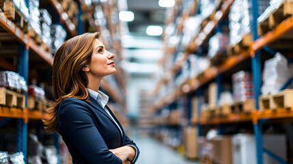 confident businesswoman in sharp suit stands in warehouse, surrounded by shelves filled with products. She appears thoughtful and focused, embodying leadership and determination