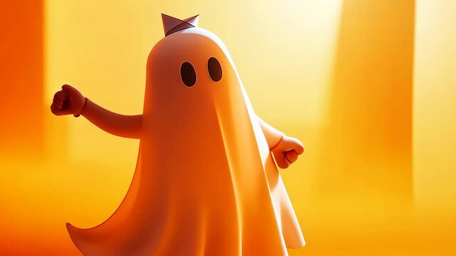 A ghostly figure stands in a room with orange walls. The ghost is wearing a white sheet and has a paper boat on its head. The scene is eerie and unsettling, with the ghost's presence