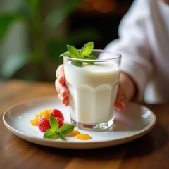 Refreshing yogurt with mint and berries served on a minimalistic plate