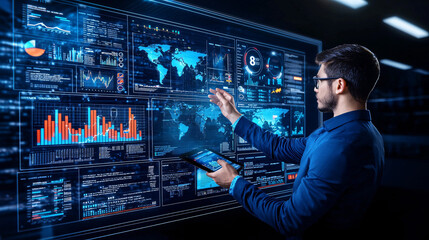 man interacts with digital screen displaying data analytics, graphs, and world maps, using tablet for analysis and investment insights in modern office setting