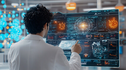 scientist interacts with futuristic digital interface displaying complex data and holographic elements in modern laboratory setting