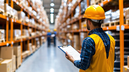 warehouse supervisor in hardhat and safety vest holds clipboard, overseeing inventory in large, organized storage facility. shelves are filled with boxes and packages