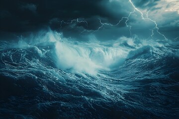 Stormy Seascape with Electric Currents Flashing Through Powerful Waves