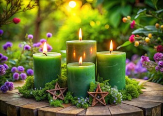 Green Candles with Pentacle in Garden - Mystical Outdoor Decor Photography