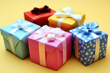 Fototapeta premium A multitude of gifts are arranged on a bright yellow background, neatly wrapped and tied with bows, ready to be given to the children.