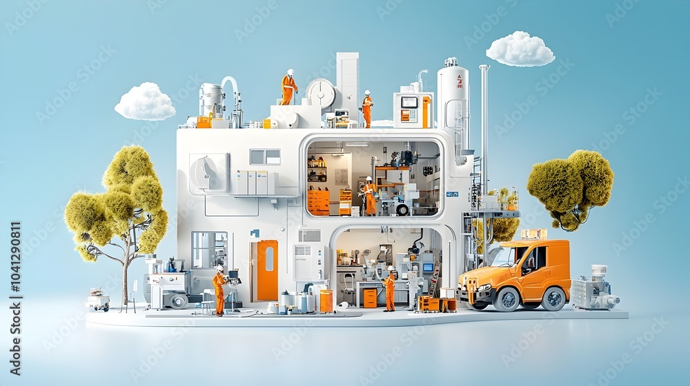 Poster Comprehensive Cross Section of a Modern Manufacturing Facility Showcasing Assembly Control Measures and Integrated Office Management Spaces for Efficient Production Processes