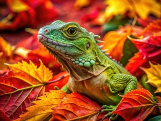 Green Lizard Camouflaged Amidst Vibrant Fall Leaves - Nature's Artistry