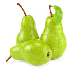Three pears with leaf isolated on white background. Clipping path