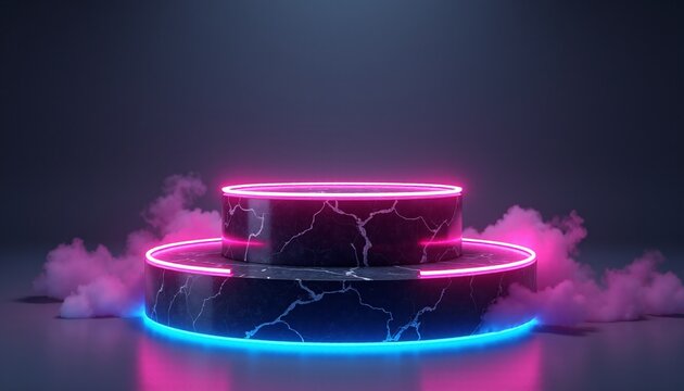 A contemporary two-tiered podium, crafted from smooth, polished black marble with subtle, veined patterns. The podium is bathed in a vibrant, pulsating light from a ring of neon tubes
