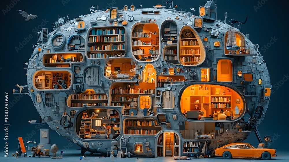 Poster Conceptual cross section of a human mind represented as a layered library with shelves filled with a diverse array of thoughts ideas knowledge and information