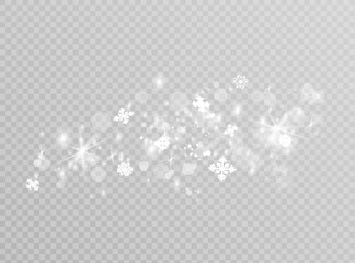 Snow and snowflakes on transparent background. Winter snowfall effect of falling white snow flakes and shining, New Year snowstorm or blizzard realistic backdrop. Christmas or Xmas holidays.