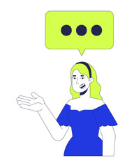 Blonde woman gesturing with chat bubble three dots 2D cartoon character. Caucasian female messaging talking balloon isolated person flat vector on white background. Spot illustration colorful