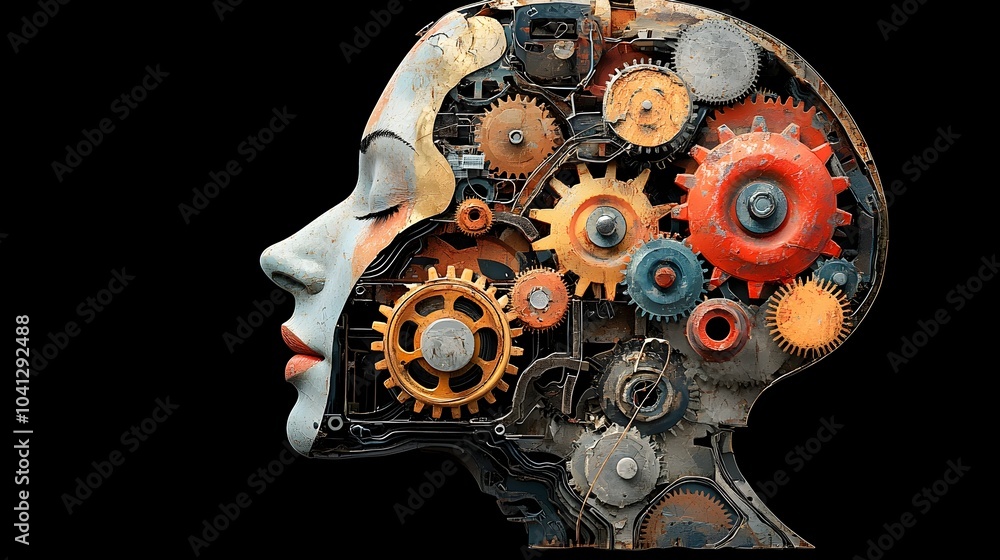 Aufkleber cross section of a human head revealing a vibrant arrangement of gears symbolizing the intricate wor