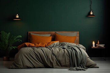 A bed with orange pillows in a dark green room.