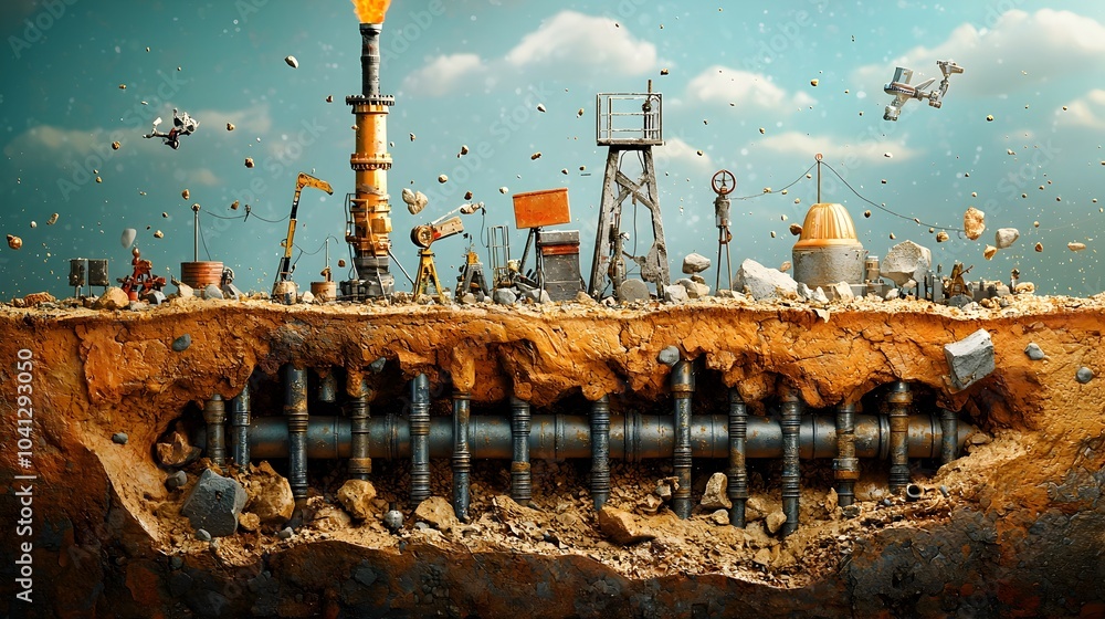 Poster Cross Section of an Oil Drilling Site Exposing the Intricate Network of Pipes Transporting Resources through Sedimentary Strata and Bedrock Formations Below the Surface
