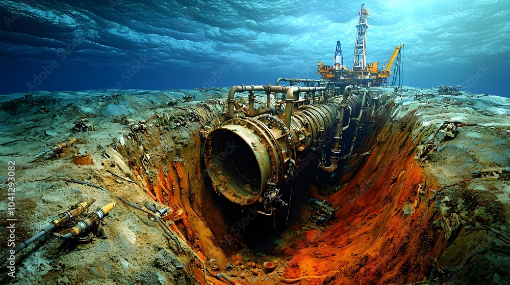Poster cross section of an oil drilling site showcasing the complex network of pipes running through the va