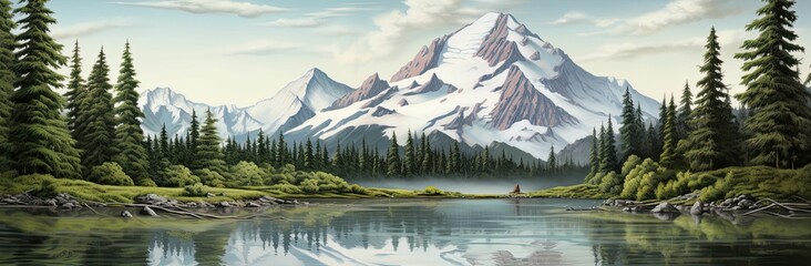 A serene lake nestled at the base of a snow-capped