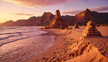 Fototapeta premium Coucher de soleil sur des formations rocheuses désertiques