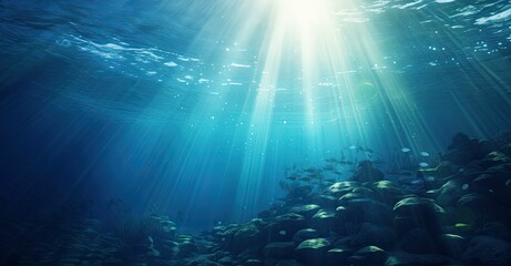Fototapeta premium Sunbeams illuminate underwater rocks and fish.