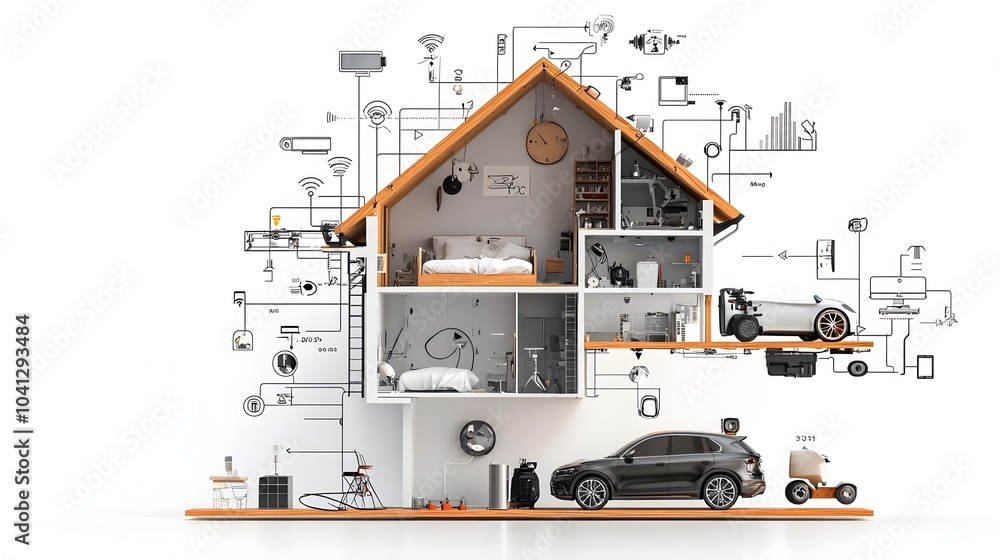 Poster Cross section view of a modern smart home showcasing the of various interconnected IoT devices and automation systems that provide intelligent control and optimization of the living environment
