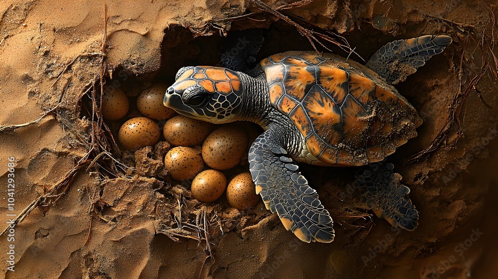Aufkleber Cross section view of a sea turtle nest revealing the layers of sand and the hatching eggs below the surface