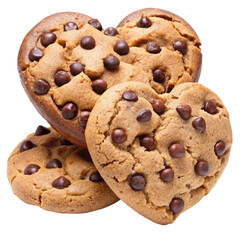 Chocolate chip cookie in heart shape top view isolated on transparent background