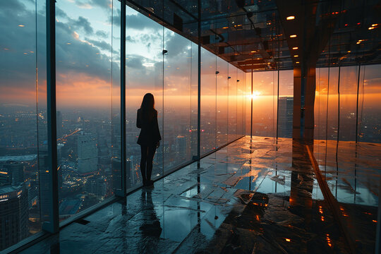 Business woman in suit in office looking at modern city with skyscrapers through panoramic window, sunset
