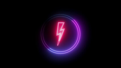 Neon lightning bolt, glowing sign. Blue and purple neon light icon isolated in black background.  Flashing bar icon glowing neon light