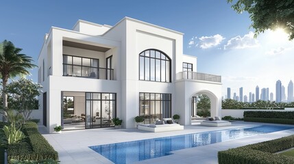 Fototapeta premium Modern white villa with a swimming pool and a view of the city skyline.