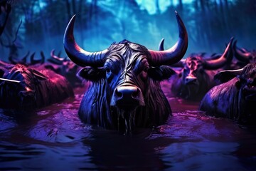 herd of water buffalo bathing in a muddy river their massive hor