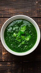 Creamy green vegetable soup garnished with fresh parsley, presented in a bowl on a rustic wooden table