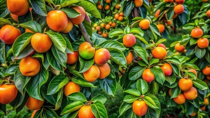 Captivating Aerial View of Unripe Sharon Persimmons on Vibrant Green Trees, Showcasing Nature's Bounty and the Beauty of Fruit Development in a Scenic Landscape
