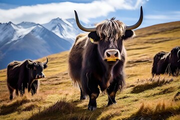 herd of yaks grazing on a high altitude meadow their thick coats