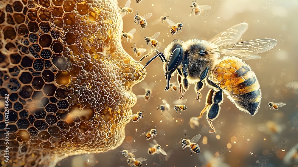 Aufkleber depicting a cross section of the mind represented as a beehive with buzzing thoughts and ideas flying around symbolizing the active interconnected nature of the human cognition and creative process
