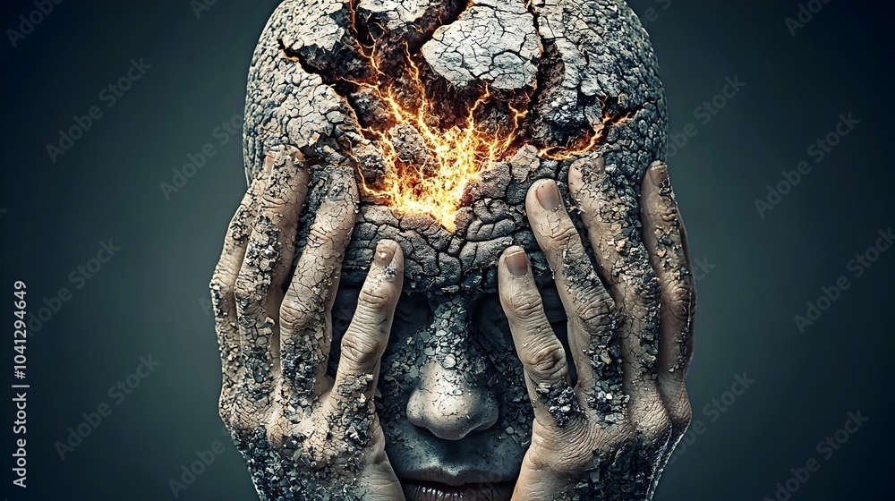 Poster depicting a cross sectional view of a human head visualized as a volcanic landform revealing the int