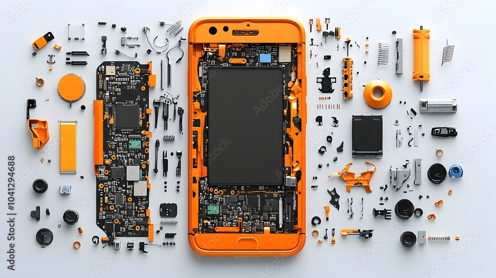 Aufkleber Detailed 3D cross section view showcasing the internal components and anatomy of an exploded smartphone including the circuit board battery screen and other technical elements