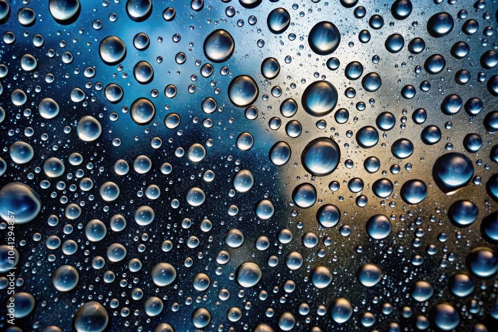 Poster captivating close-up of rain on glass with droplets creating unique textures against a black backgro