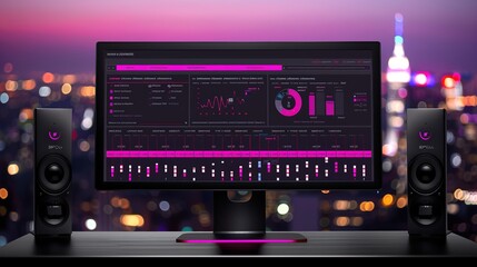 Obraz premium Modern Network Security Interface: Intricate Cyber Defenses, Encrypted Data Streams, Neon Cityscape Backdrop