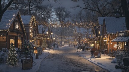 Fototapeta premium Quaint Neighborhood with Charming Cafes and Holiday Lights
