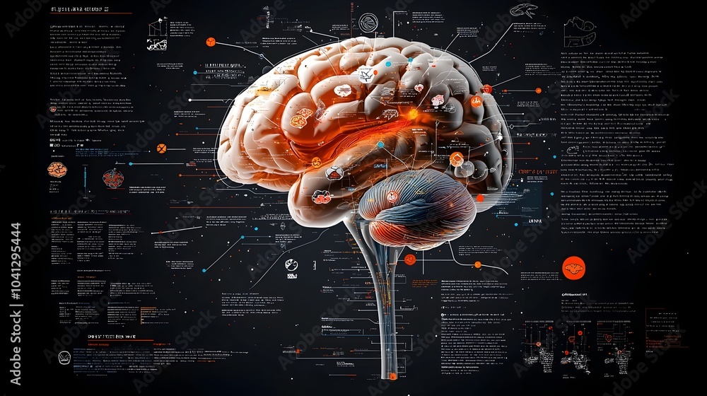 Poster Detailed and Informative Cross Section Diagram of the Human Brain Showcasing the Various Sections and Regions of the Nervous System with Colorful Labeled Icons