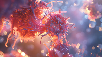 Obraz premium Microscopic view of a cell undergoing apoptosis, nucleus shrinking and chromatin condensing, surrounded by other cells, cellular structures in focus.